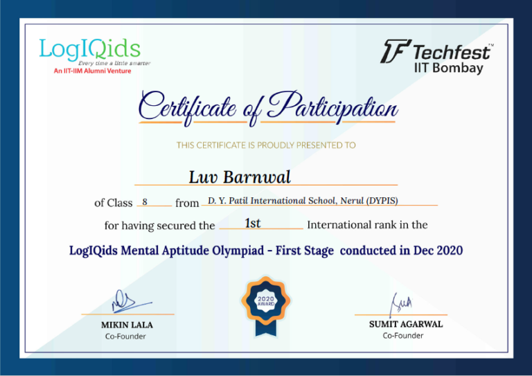 1st International Rank in Logiqids Olympiad – Luv Barnwal